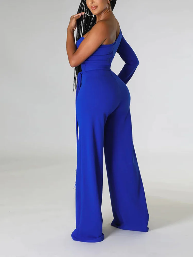 One Shoulder Feather Solid Jumpsuit
