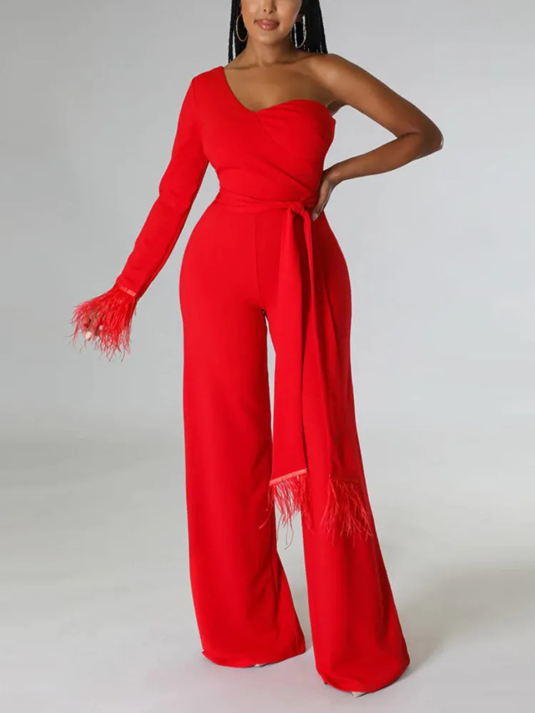One Shoulder Feather Solid Jumpsuit
