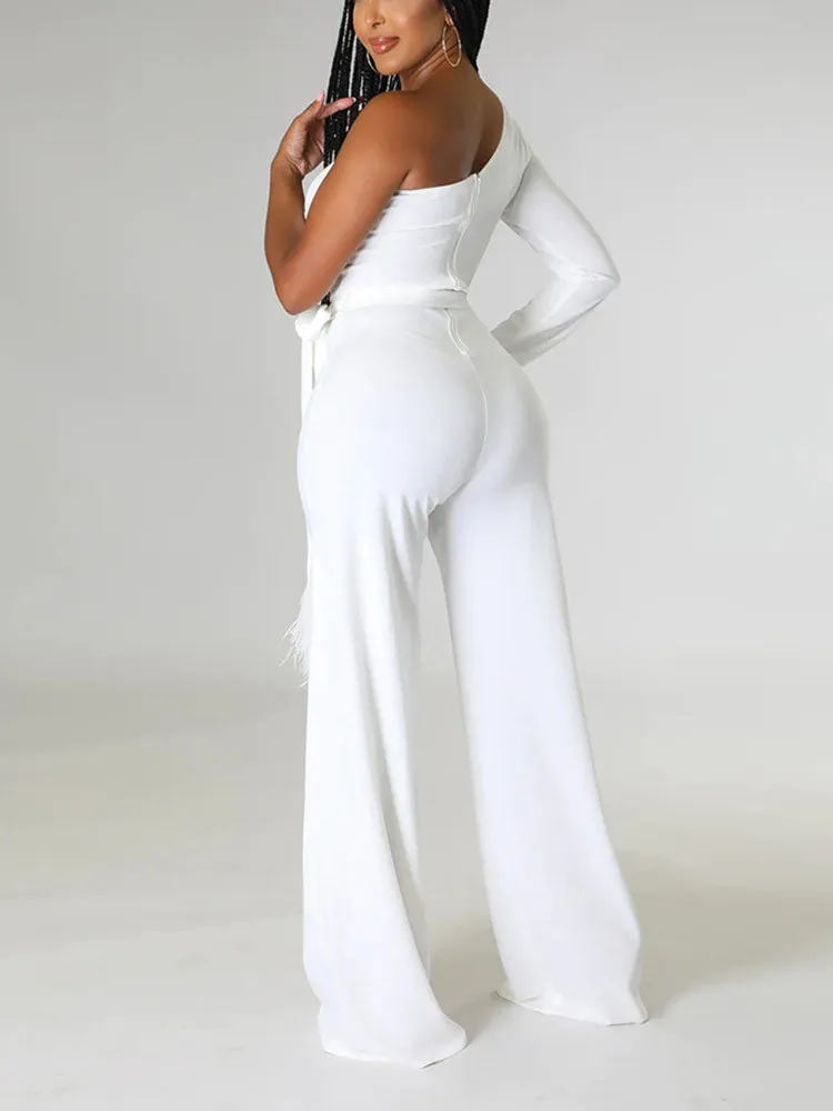 One Shoulder Feather Solid Jumpsuit
