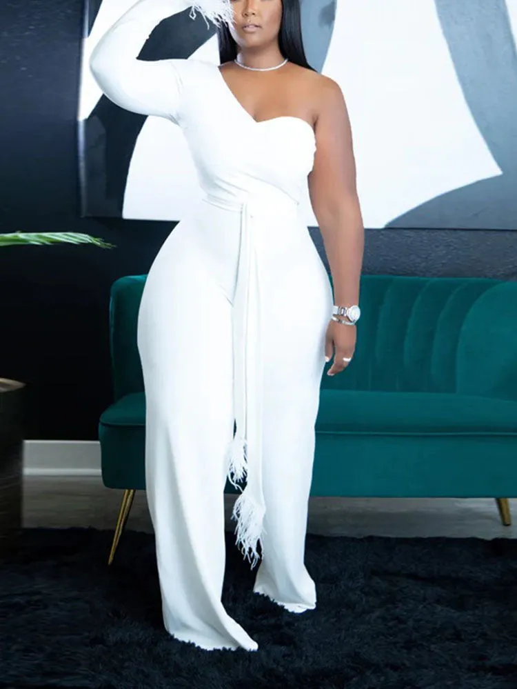 One Shoulder Feather Solid Jumpsuit