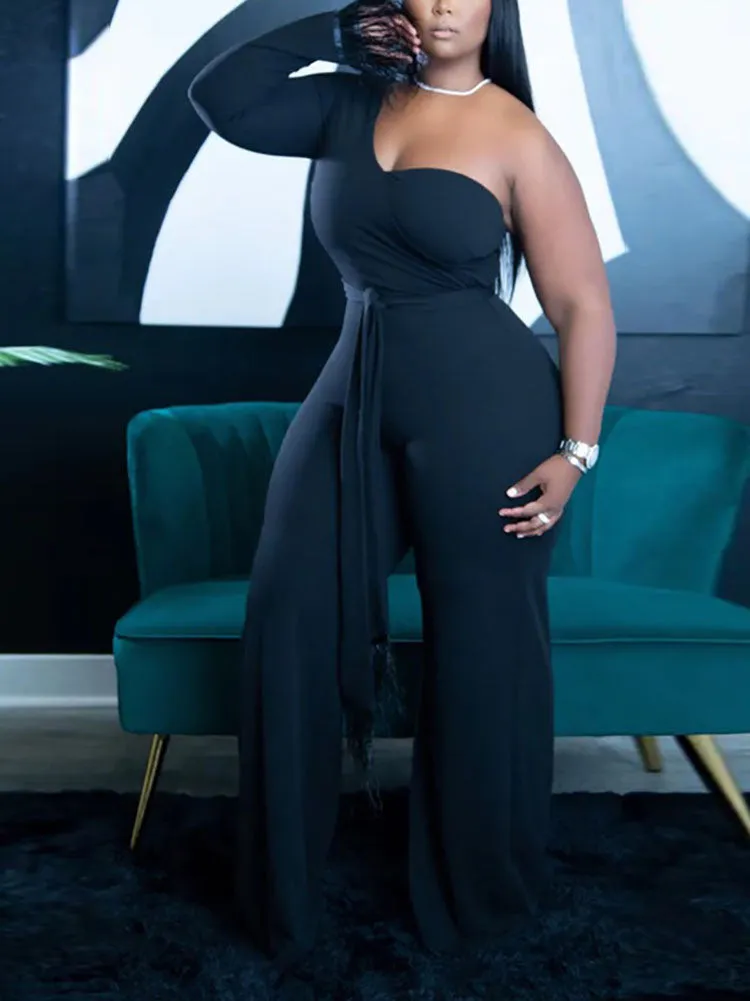 One Shoulder Feather Solid Jumpsuit