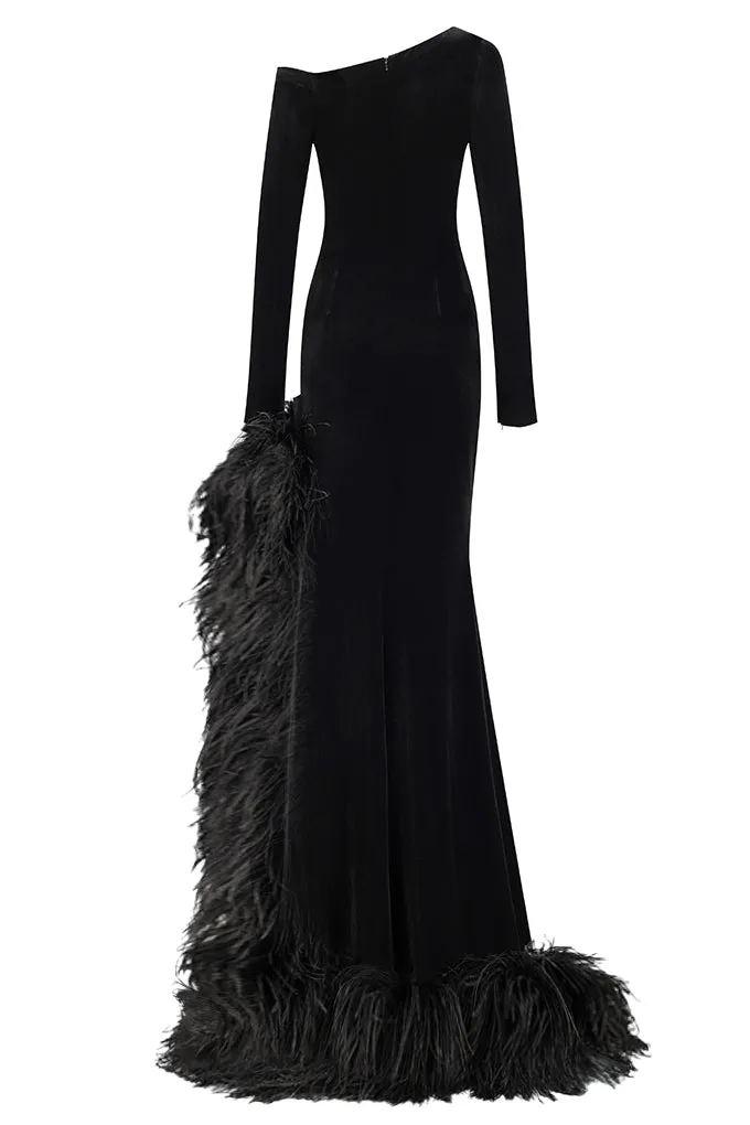 One shoulder long velvet dress decorated with ostrich feathers Maison D'Angel Ann