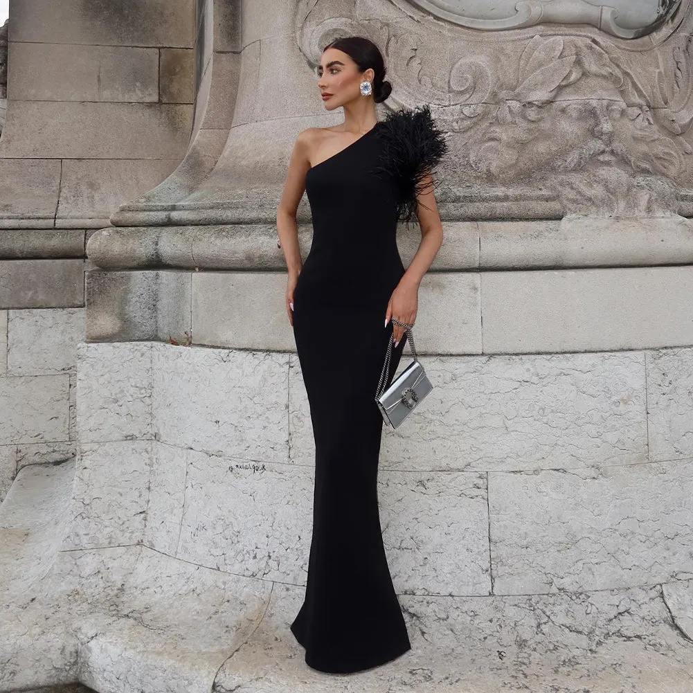 One Shoulder Sleeveless Feather Maxi Bandage Dress HL9447