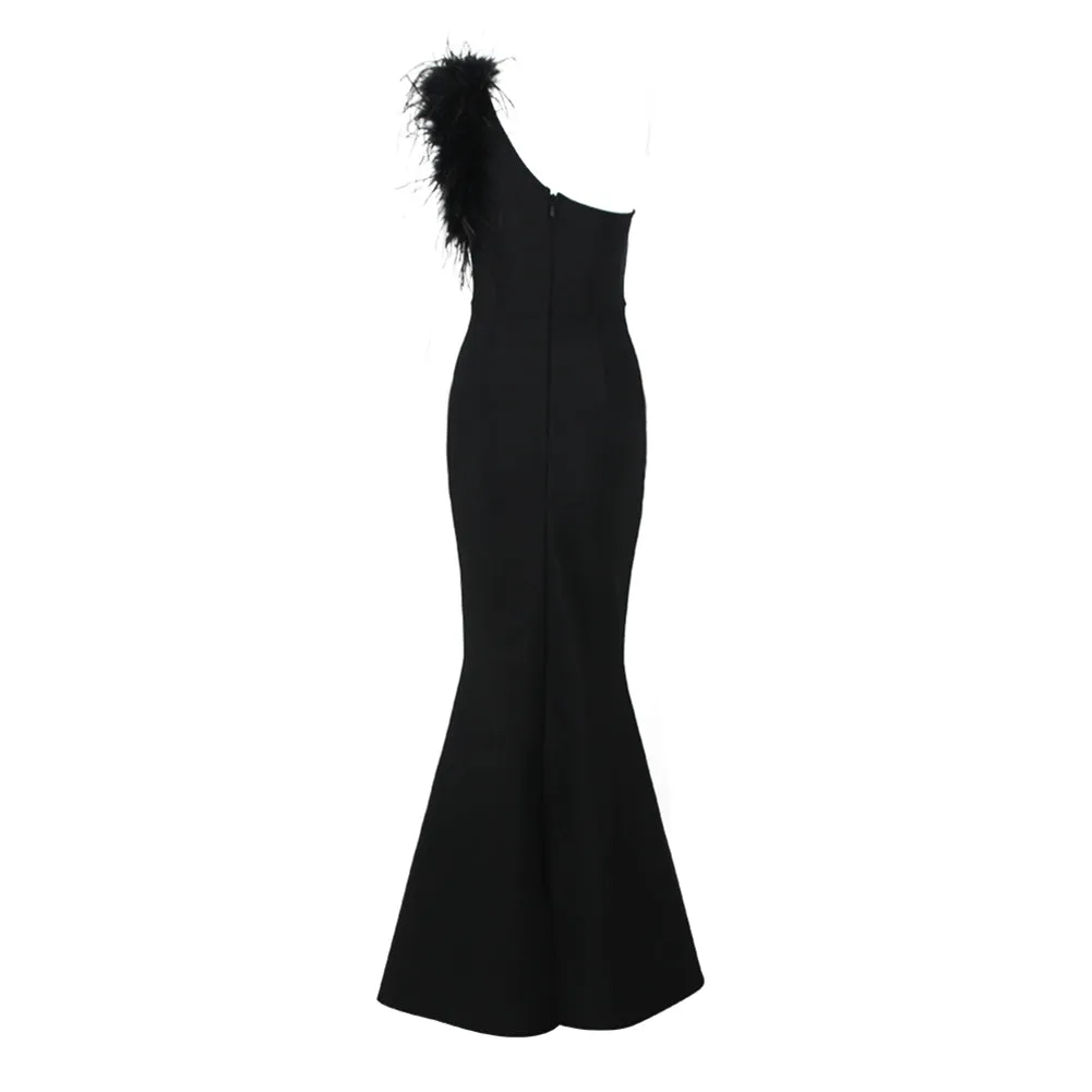 One Shoulder Sleeveless Feather Maxi Bandage Dress HL9447