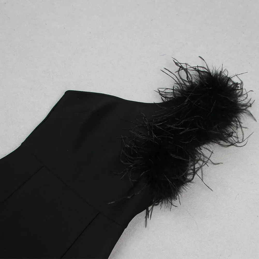 One Shoulder Sleeveless Feather Maxi Bandage Dress HL9447