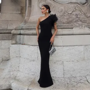 One Shoulder Sleeveless Feather Maxi Bandage Dress HL9447