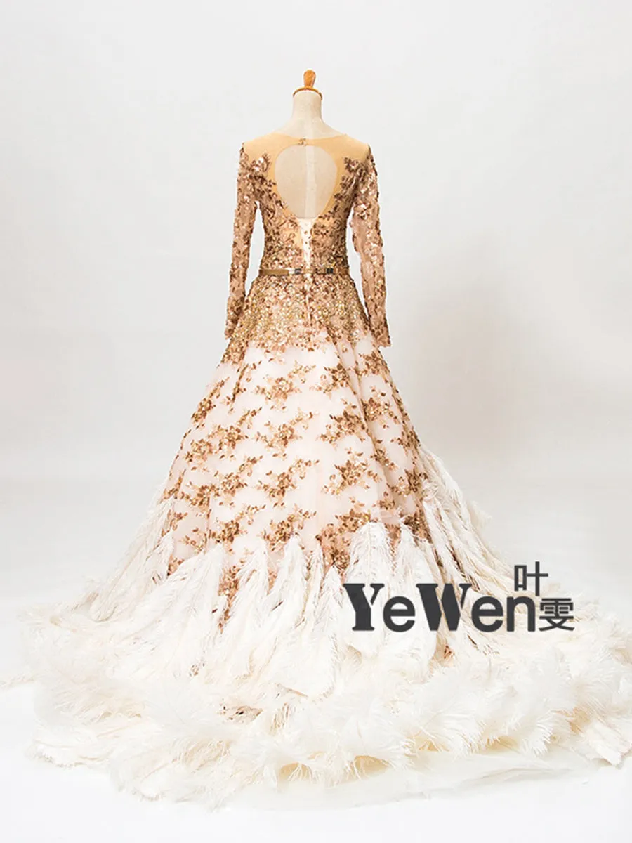 Ostrich hair Luxury Long Sleeve Sequined Gold Crystal A-line Evening Dress Photo Shoot