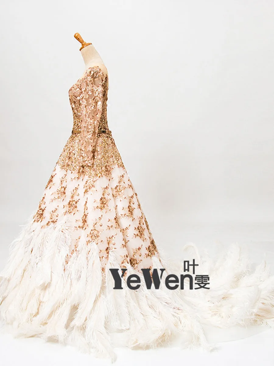 Ostrich hair Luxury Long Sleeve Sequined Gold Crystal A-line Evening Dress Photo Shoot
