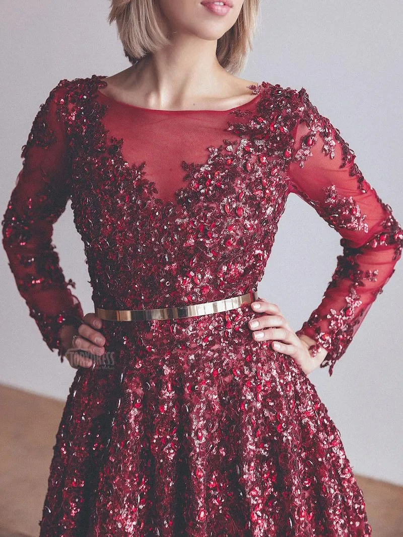 Ostrich hair Luxury Long Sleeve Sequined Gold Crystal A-line Evening Dress Photo Shoot