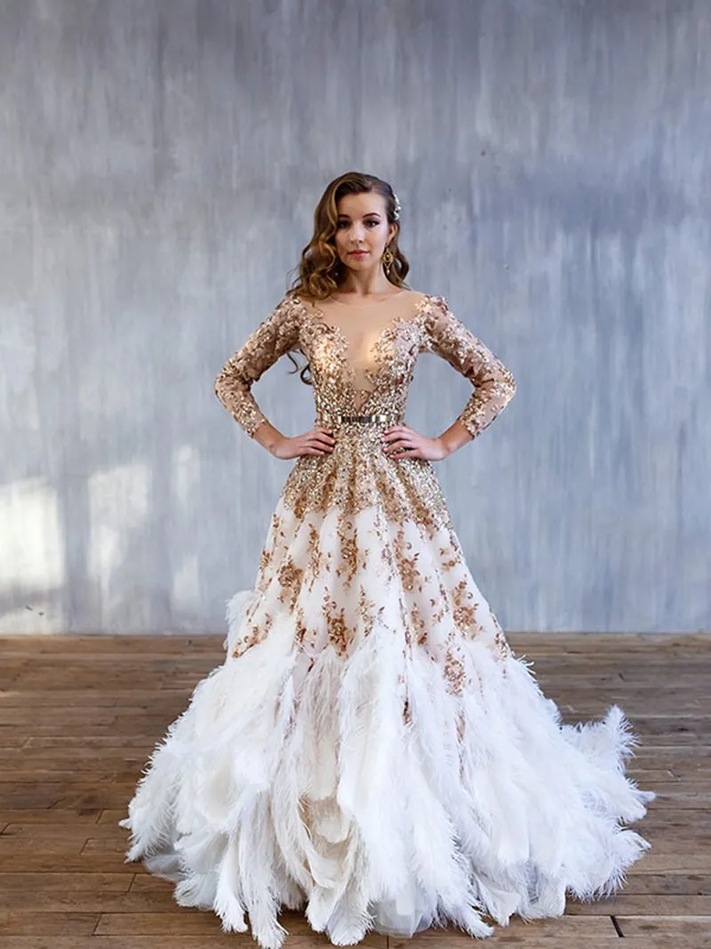 Ostrich hair Luxury Long Sleeve Sequined Gold Crystal A-line Evening Dress Photo Shoot