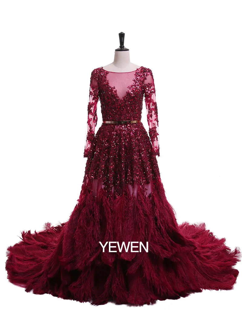 Ostrich hair Luxury Long Sleeve Sequined Gold Crystal A-line Evening Dress Photo Shoot