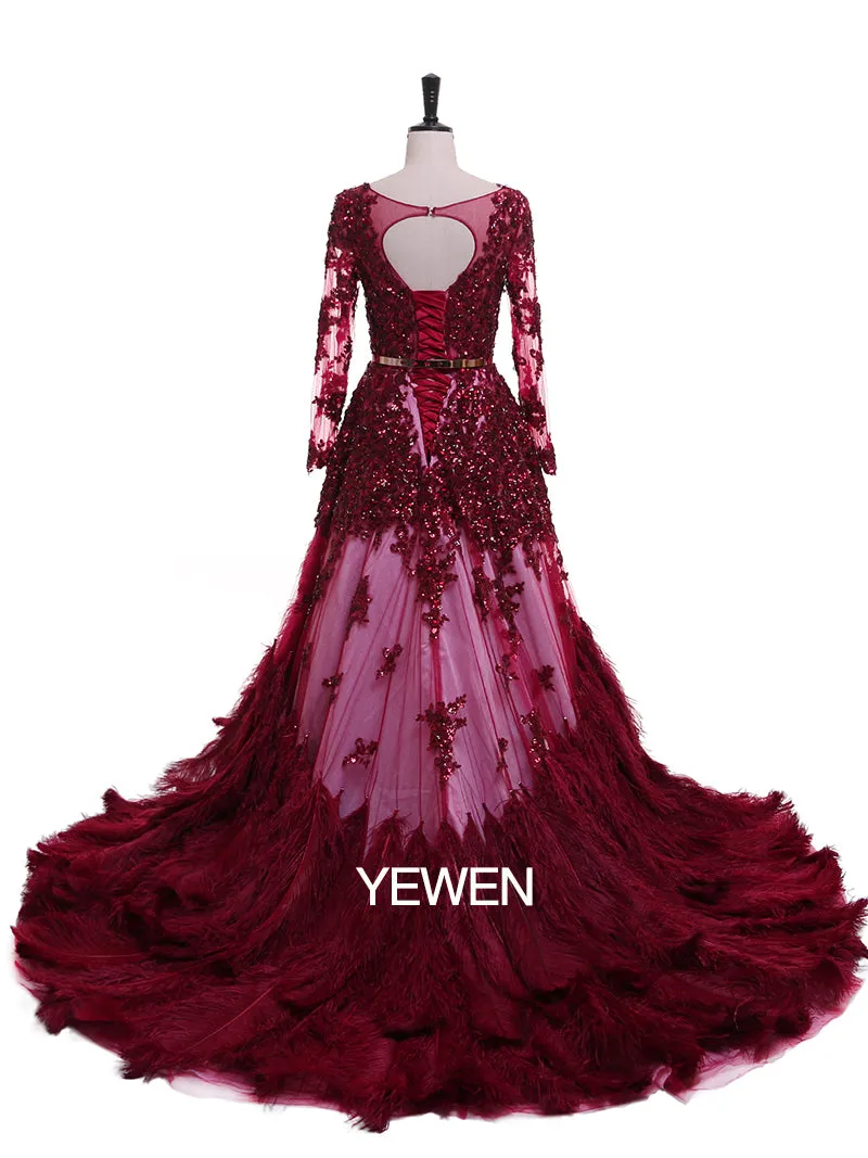 Ostrich hair Luxury Long Sleeve Sequined Gold Crystal A-line Evening Dress Photo Shoot