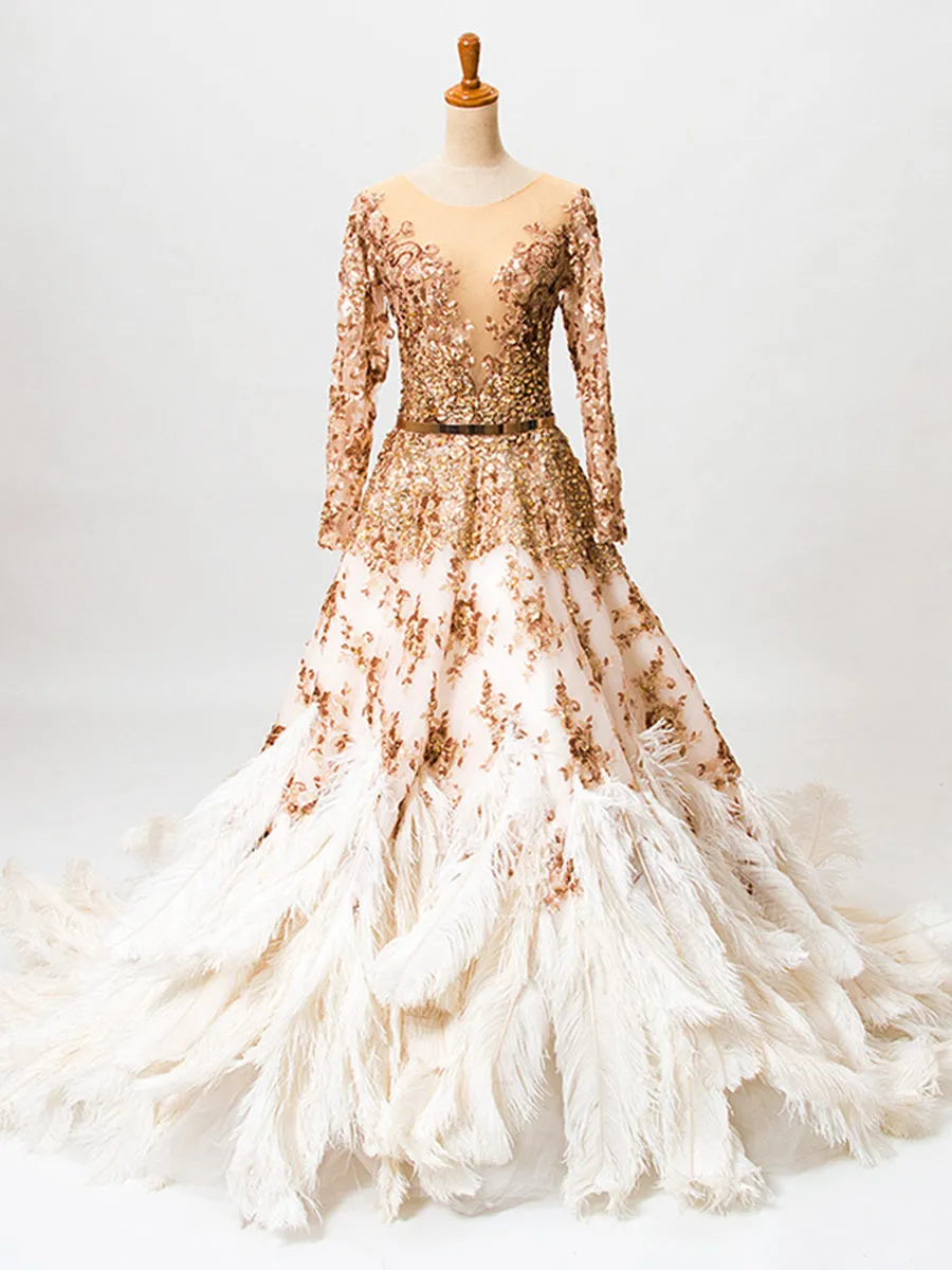 Ostrich hair Luxury Long Sleeve Sequined Gold Crystal A-line Evening Dress Photo Shoot