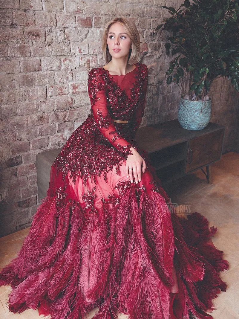 Ostrich hair Luxury Long Sleeve Sequined Gold Crystal A-line Evening Dress Photo Shoot