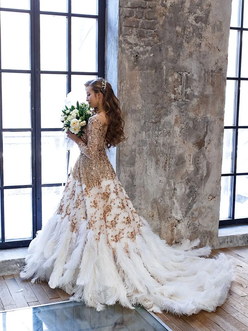 Ostrich hair Luxury Long Sleeve Sequined Gold Crystal A-line Evening Dress Photo Shoot