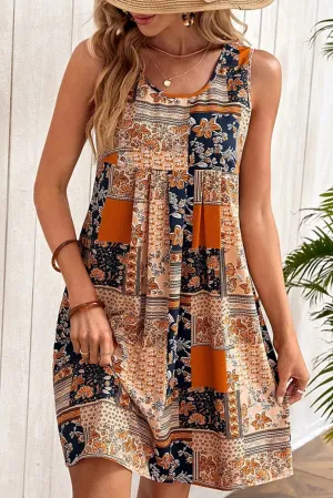 Patchwork Mini Dress with Floral Print and Sleeveless Design
