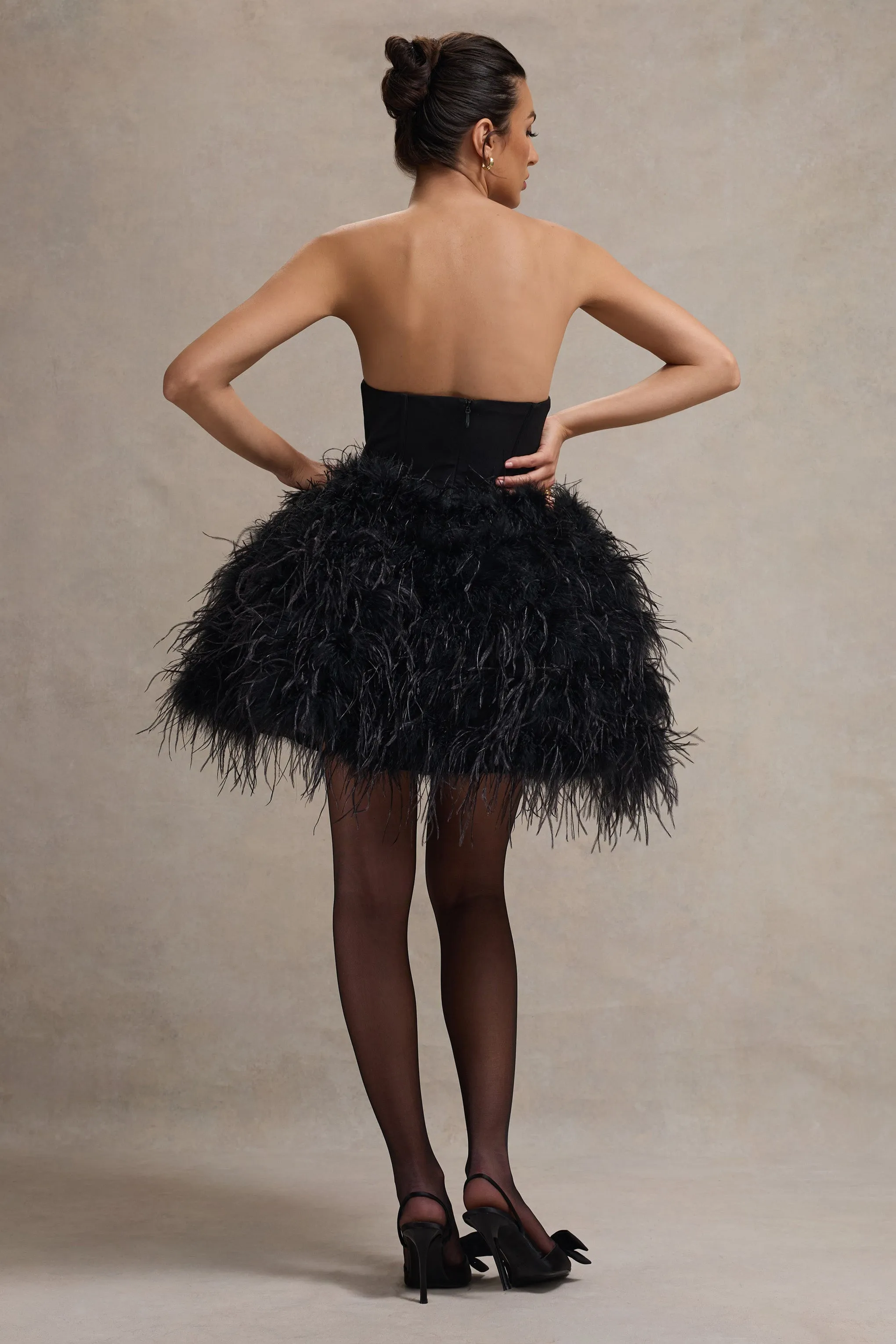 Peaches | Black Strapless Mini Dress With Volume Feather Hem