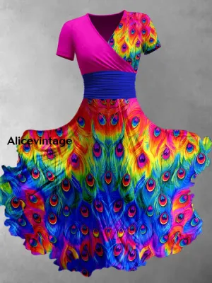 Peacock Feather Print V-Neck Short Sleeve Vintage Midi Dress