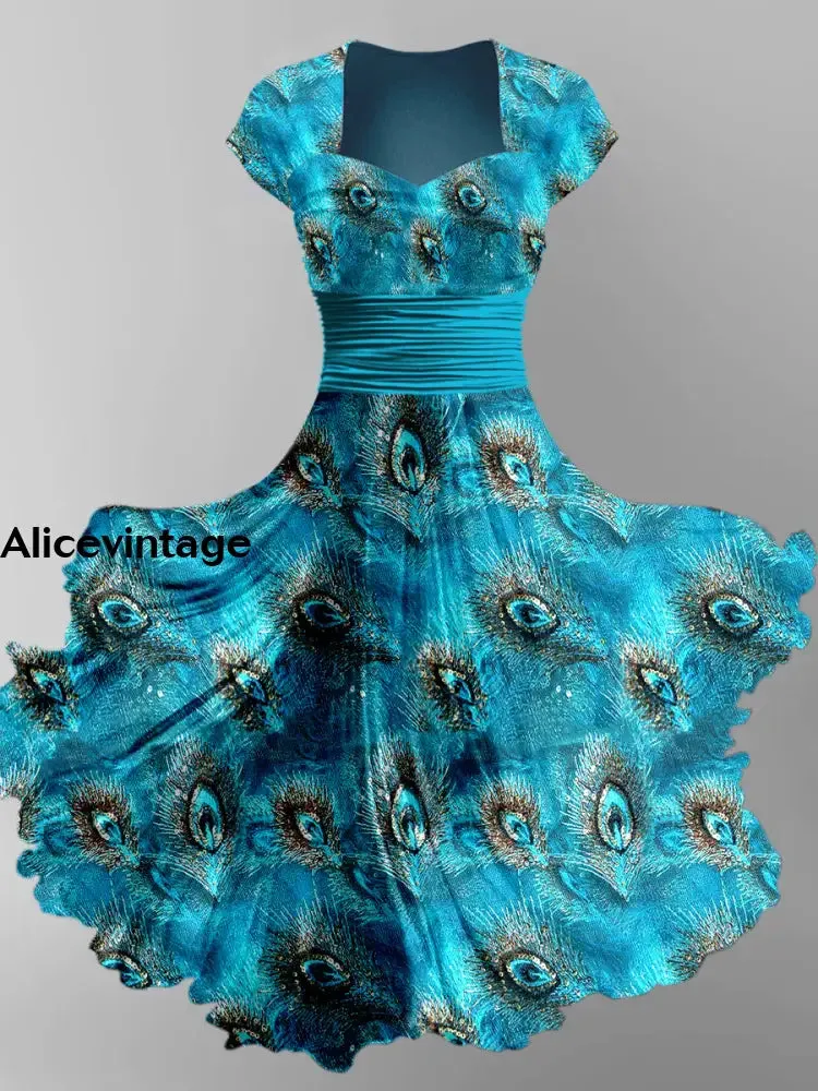 Peacock Feather Print Vintage Chic Short Sleeve Midi Dress