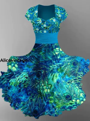 Peacock Feather Print Vintage Short Sleeve Midi Dress
