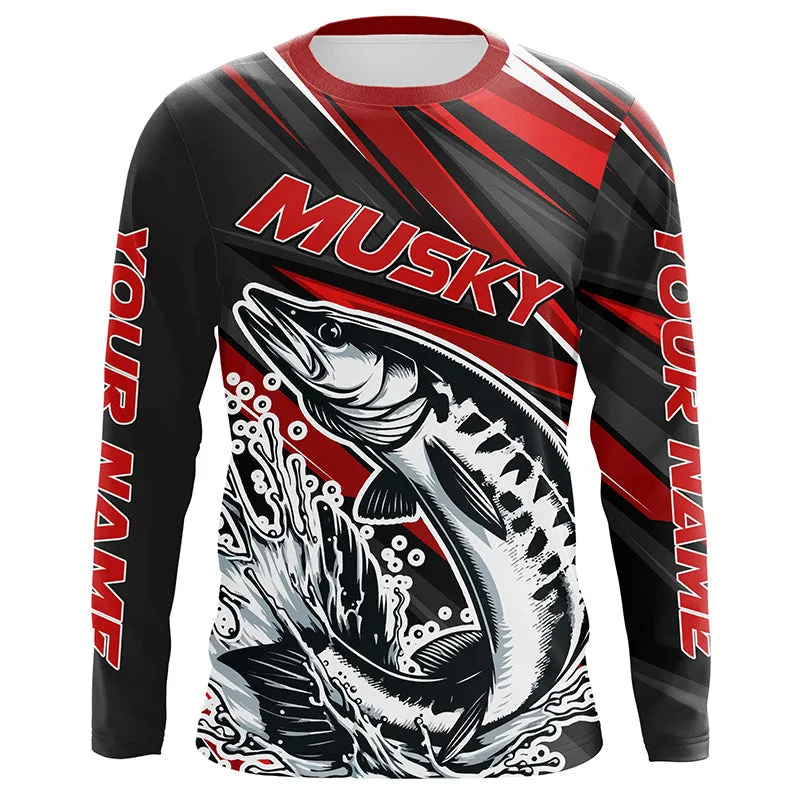 Personalized Musky Fishing Jerseys, Muskie Long Sleeve Tournament Fishing Shirts | Red IPHW5596