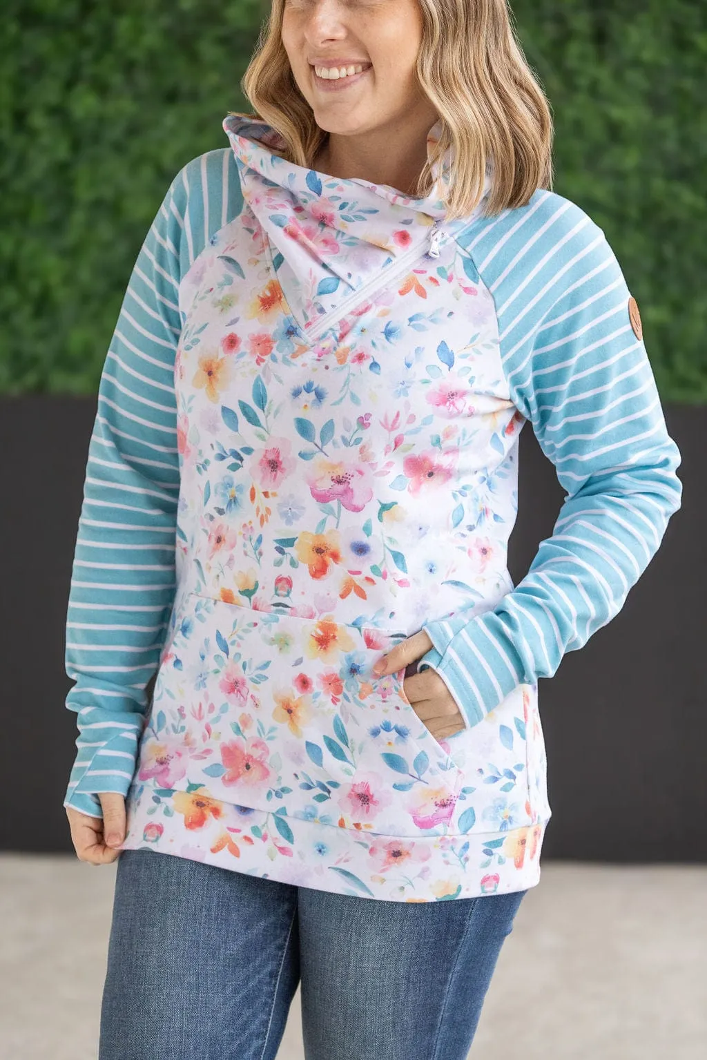 PHC- Ivory Rainbow Watercolor Floral Zipcowl Pullover
