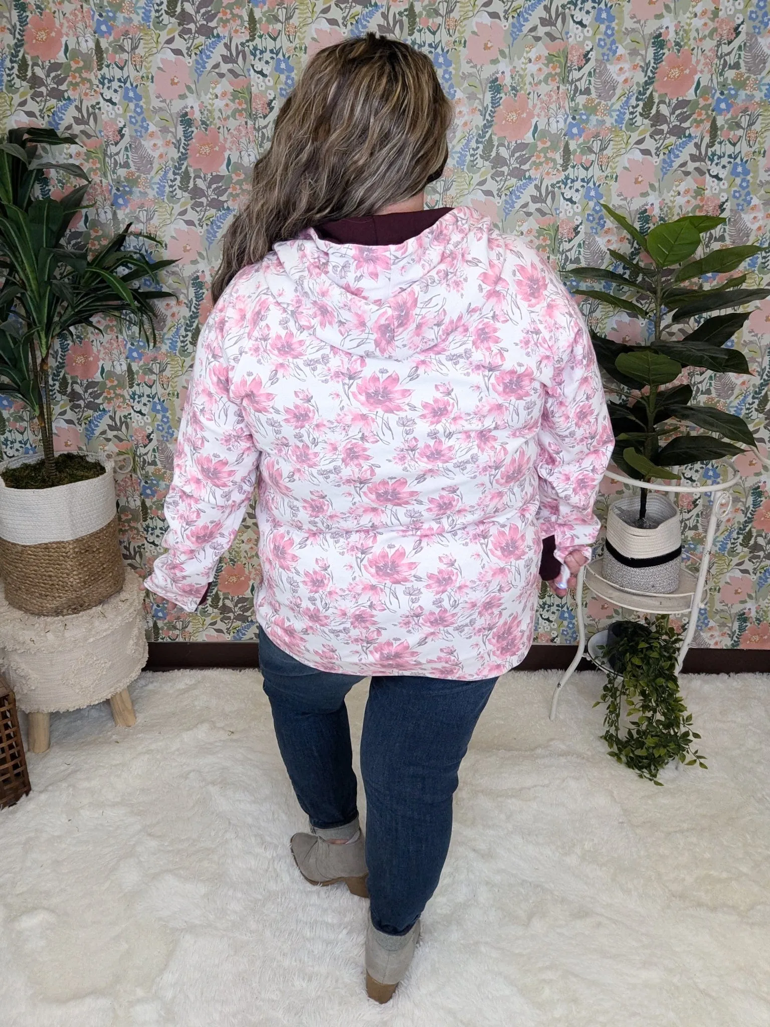 PHC- Triple Stretch Full Zip Hoodie in Ivory, Pink   Purple Floral