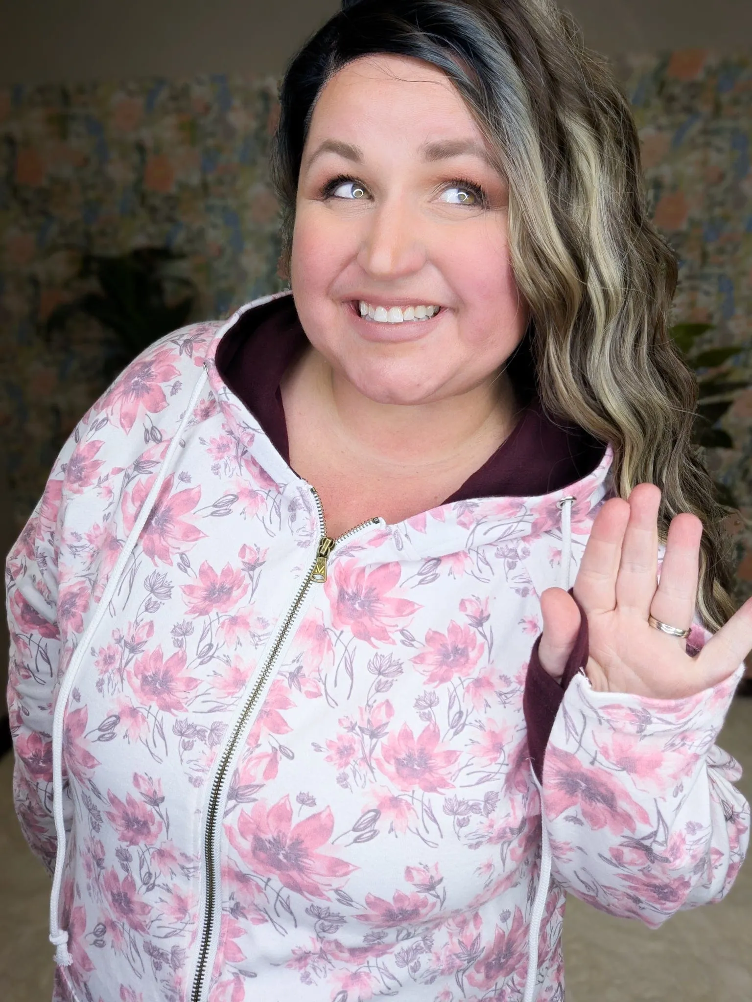 PHC- Triple Stretch Full Zip Hoodie in Ivory, Pink   Purple Floral