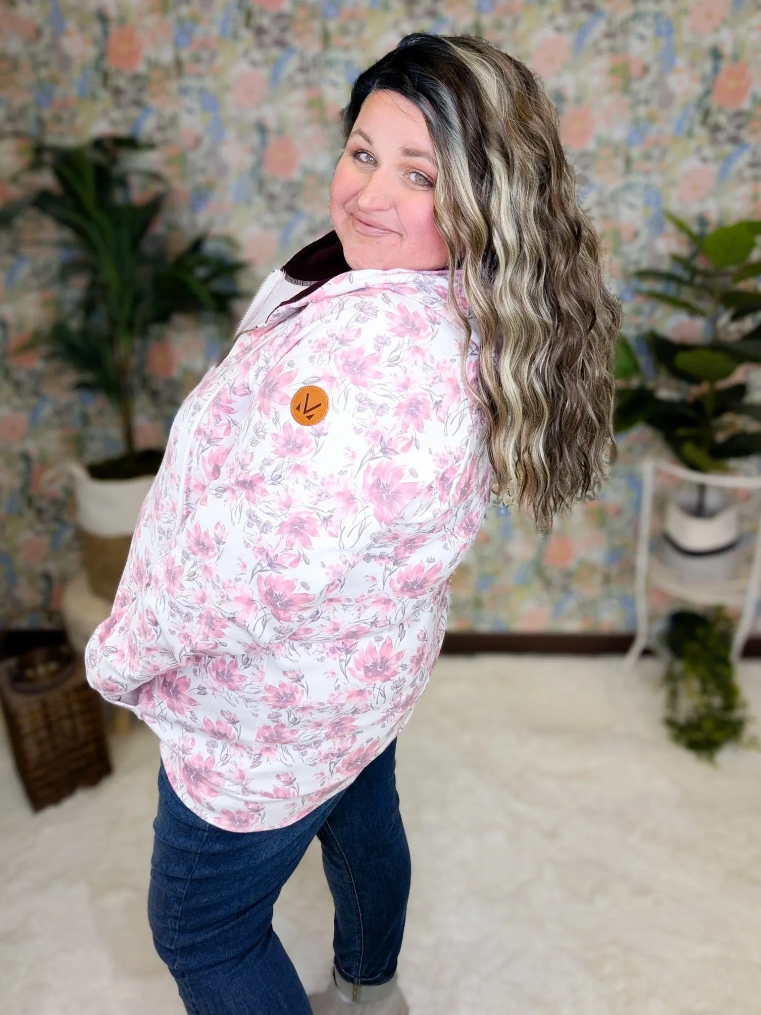 PHC- Triple Stretch Full Zip Hoodie in Ivory, Pink   Purple Floral