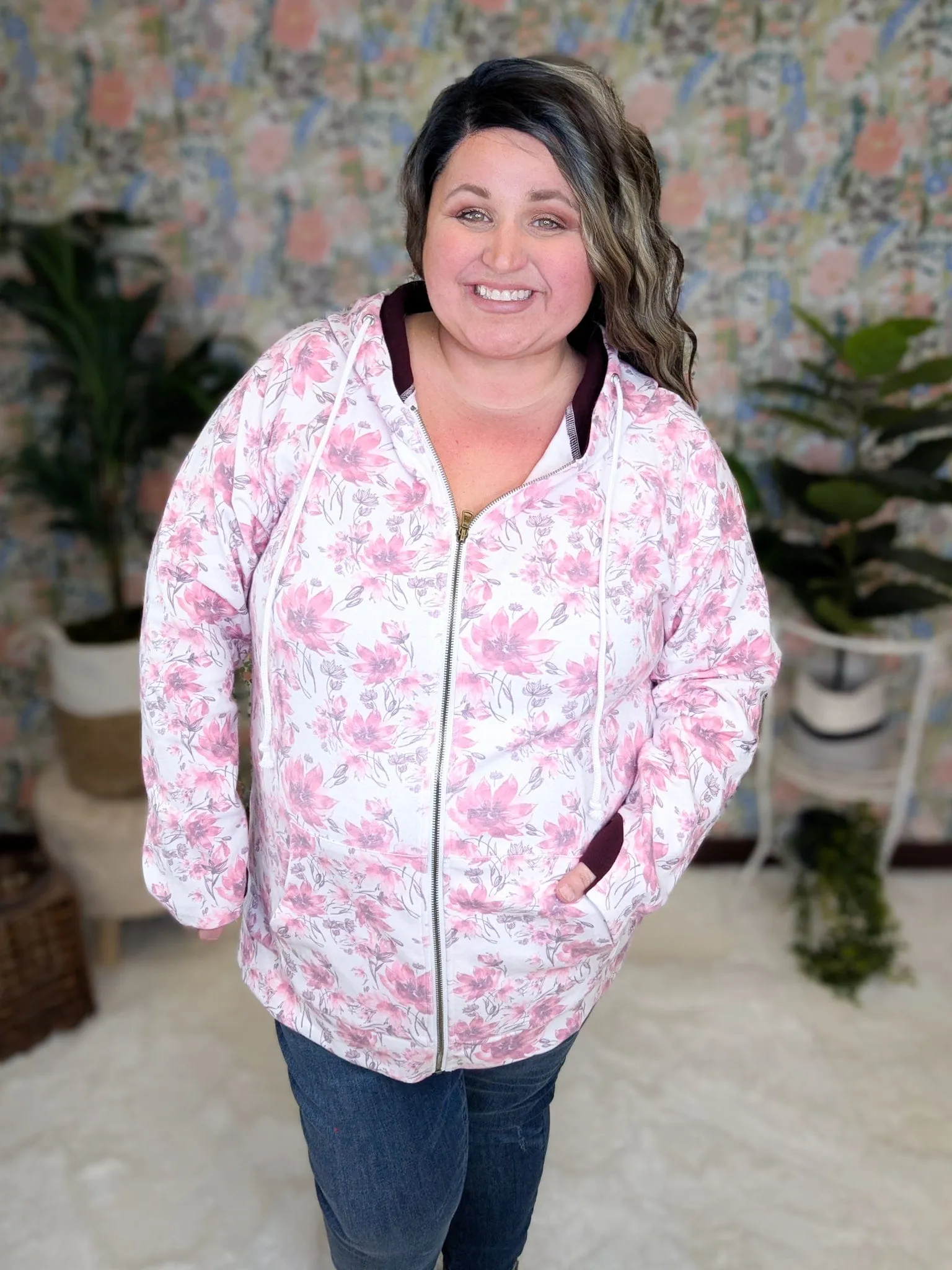 PHC- Triple Stretch Full Zip Hoodie in Ivory, Pink   Purple Floral