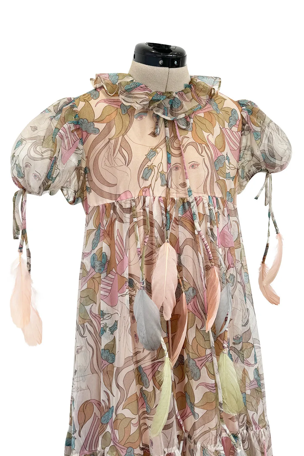 Phenomenal 1960s Gina Fratini Printed Tiered Baby Doll Maxi Dress w Poufed Cap Sleeves & Feather Details