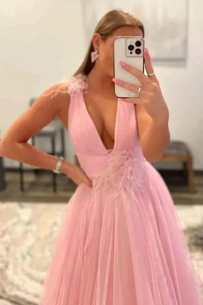 Pink Tulle Backless V-Neck Long Prom Dresses With Feathers, Party Dress, SP930
