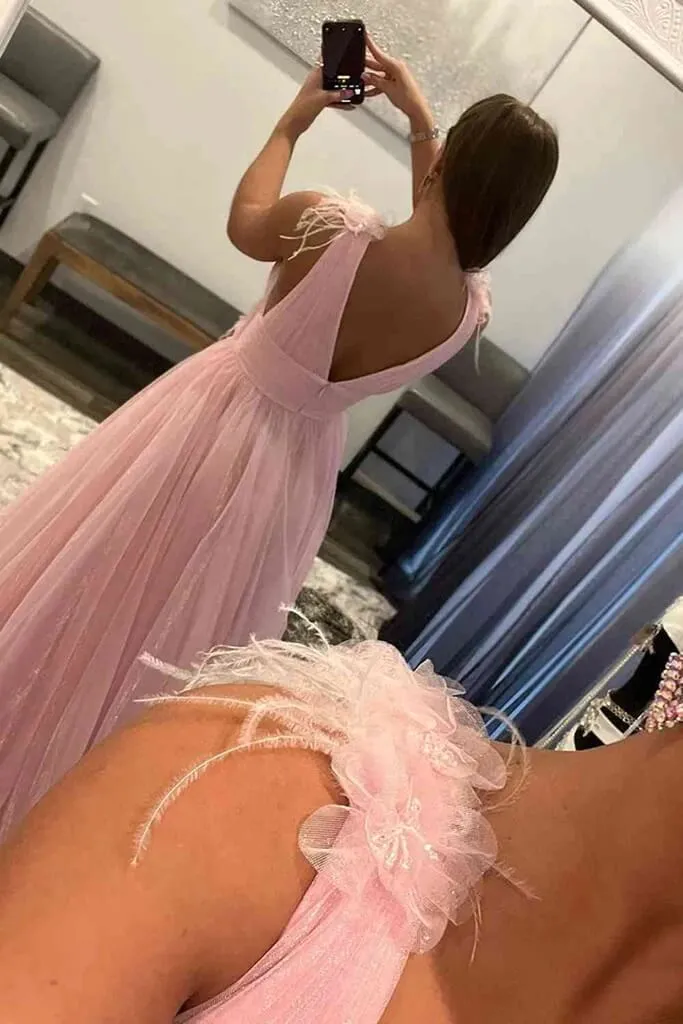 Pink Tulle Backless V-Neck Long Prom Dresses With Feathers, Party Dress, SP930