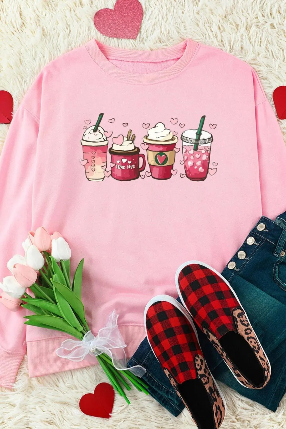 Pink Valentine Sweatshirt Sweet Drinking Graphic Print