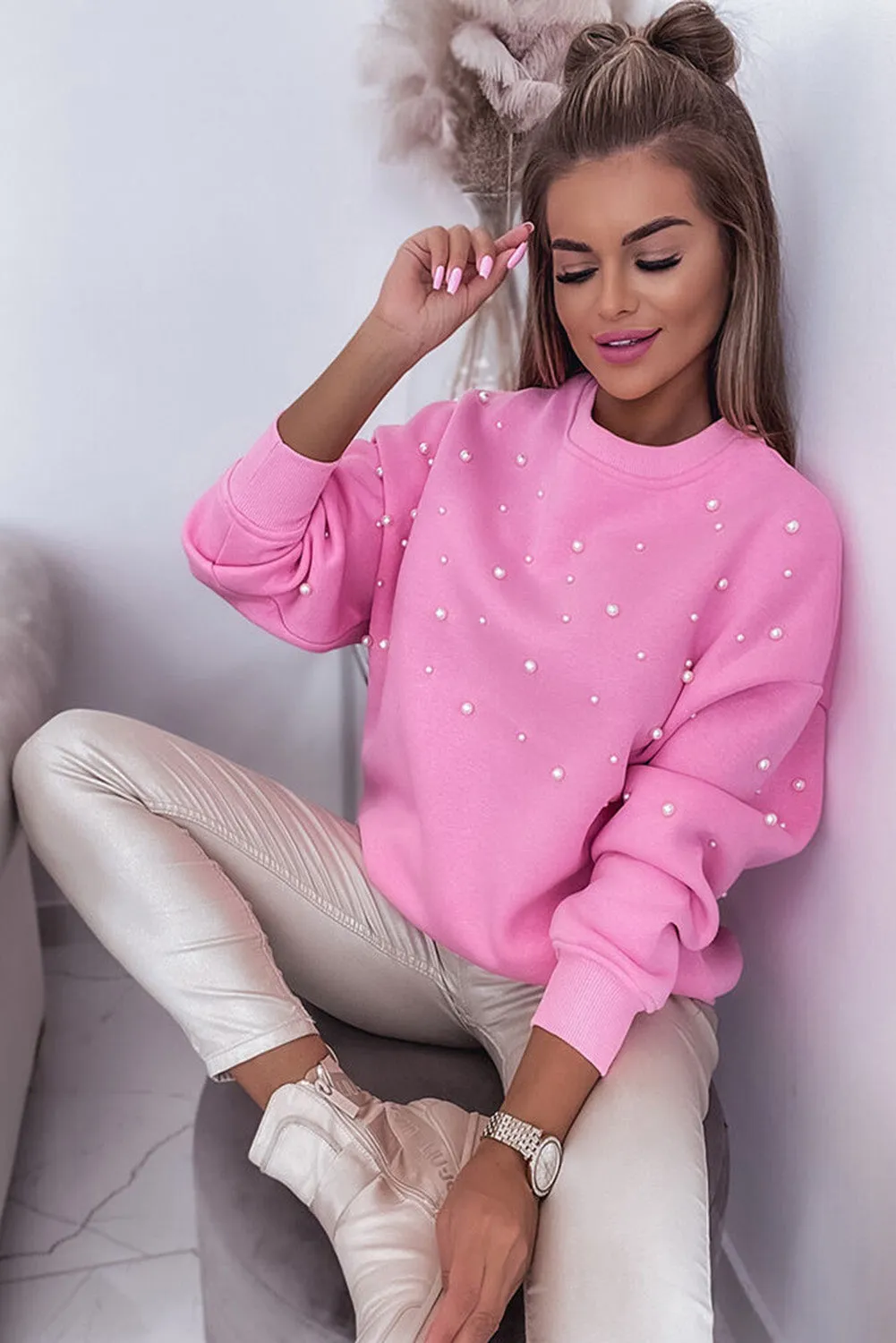 Pirouette Pearl Detail Ribbed Round Neck Sweatshirt