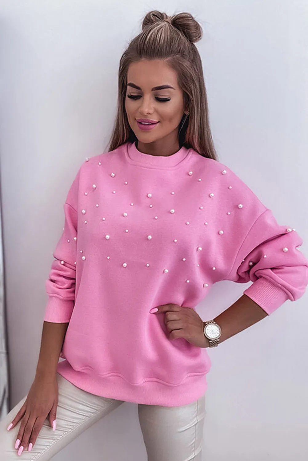 Pirouette Pearl Detail Ribbed Round Neck Sweatshirt