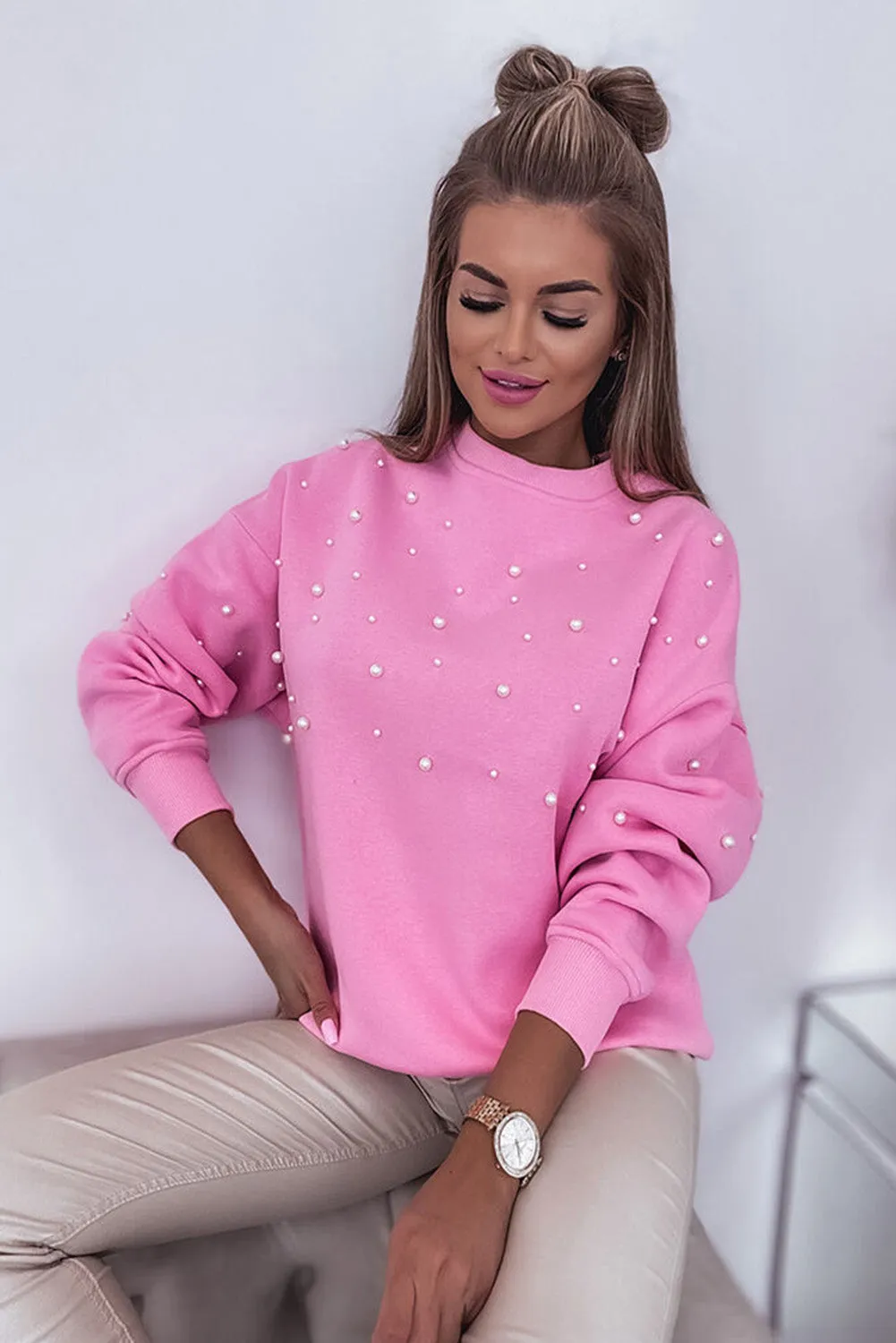 Pirouette Pearl Detail Ribbed Round Neck Sweatshirt