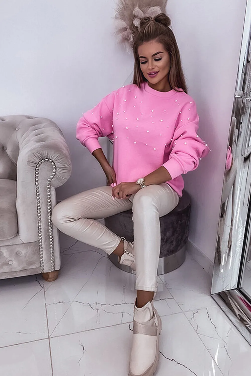 Pirouette Pearl Detail Ribbed Round Neck Sweatshirt