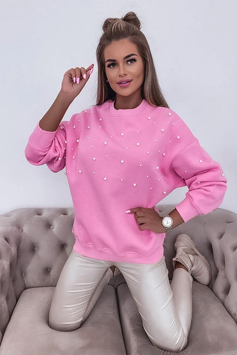 Pirouette Pearl Detail Ribbed Round Neck Sweatshirt