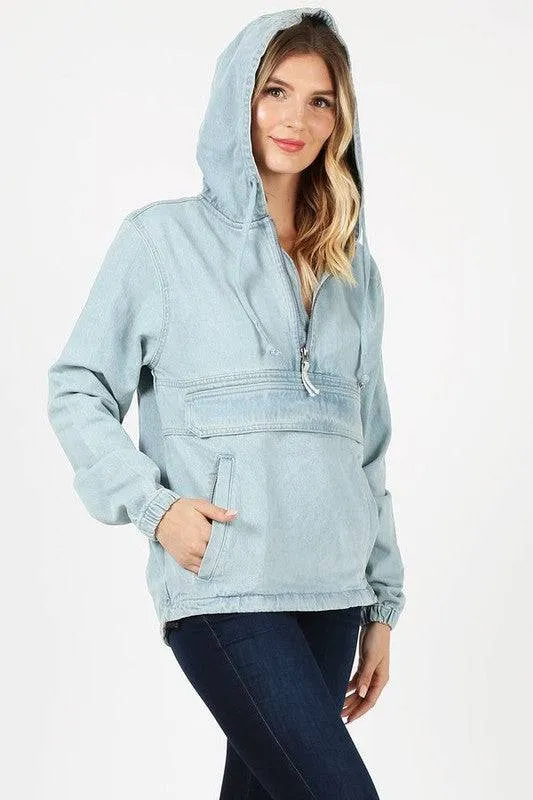PLUS SIZE DENIM HOODIE HALF ZIPPER CLOSER