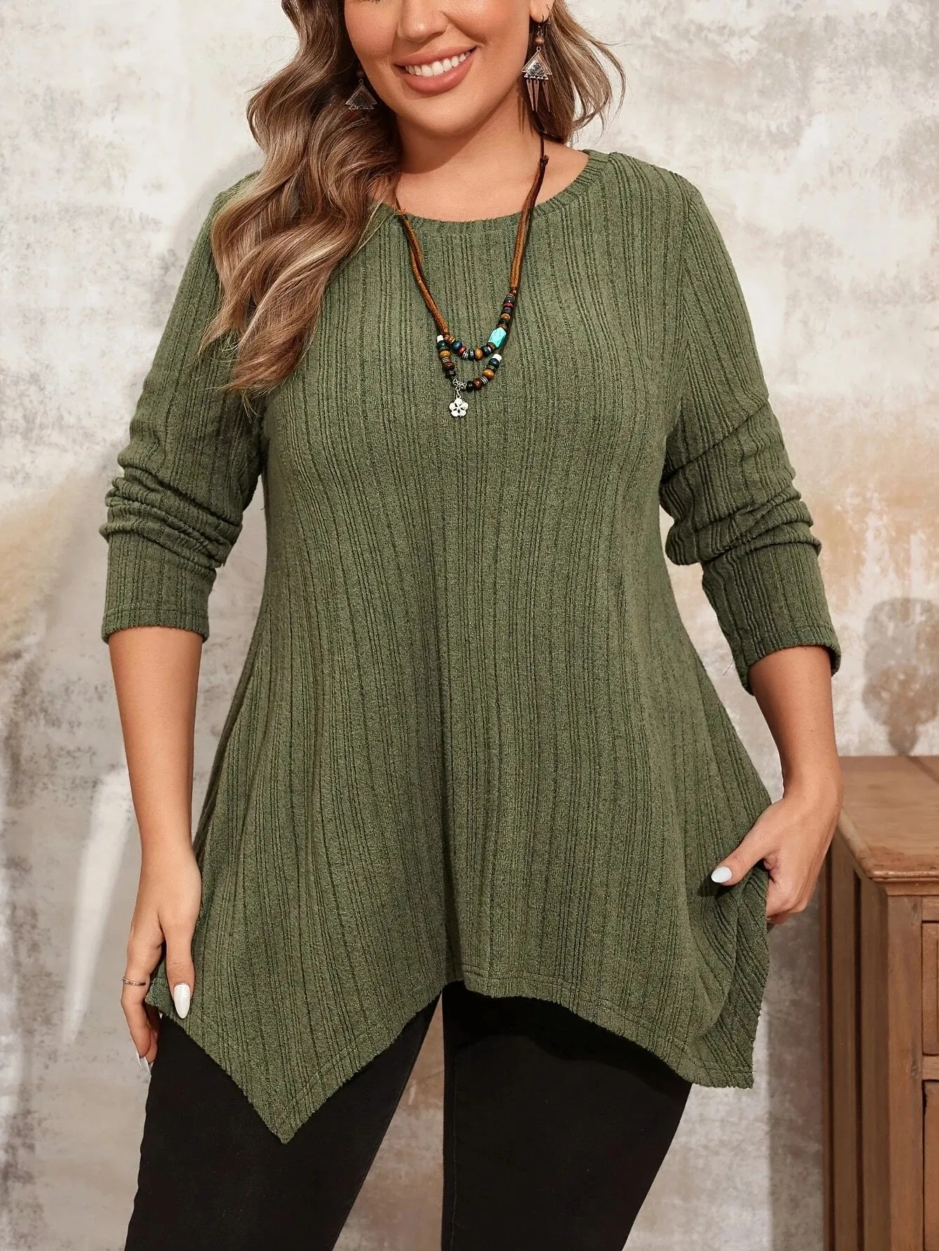 Plus Size Solid  T-shirt, Casual Long Sleeve Spring