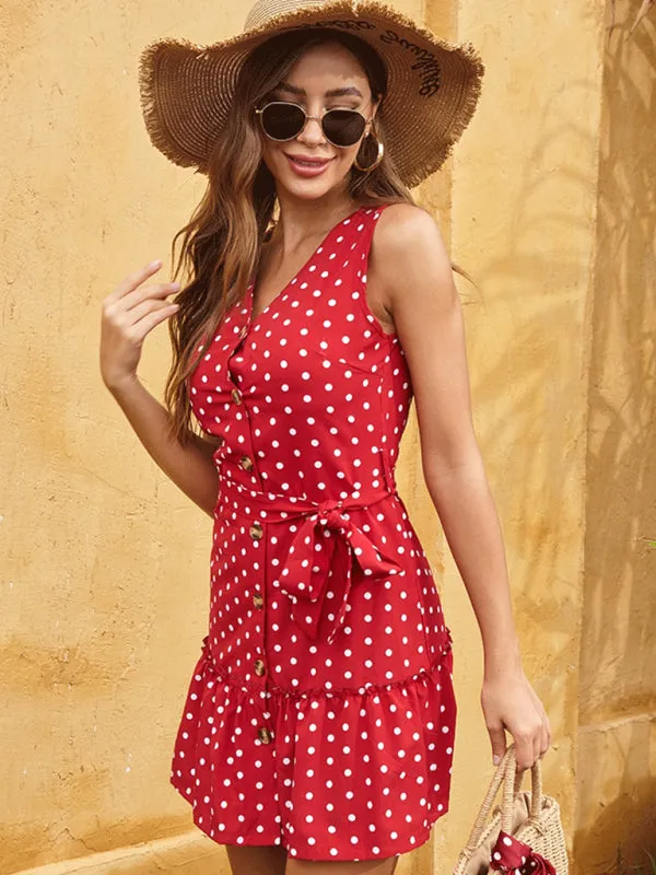 Polka Dot Mini Dress with Tie Waist and Ruffled Hem