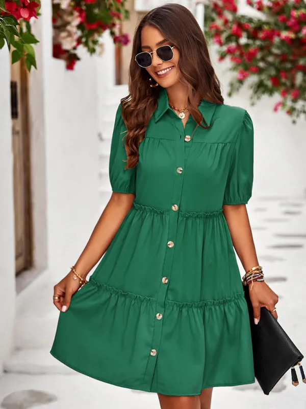 Puff Sleeve Button-Down Dress with Lapel Collar