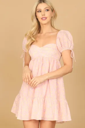 PUFF TIE SLEEVE SWEETHEART NECK BABYDOLL TIERED FLORAL MINI DRESS