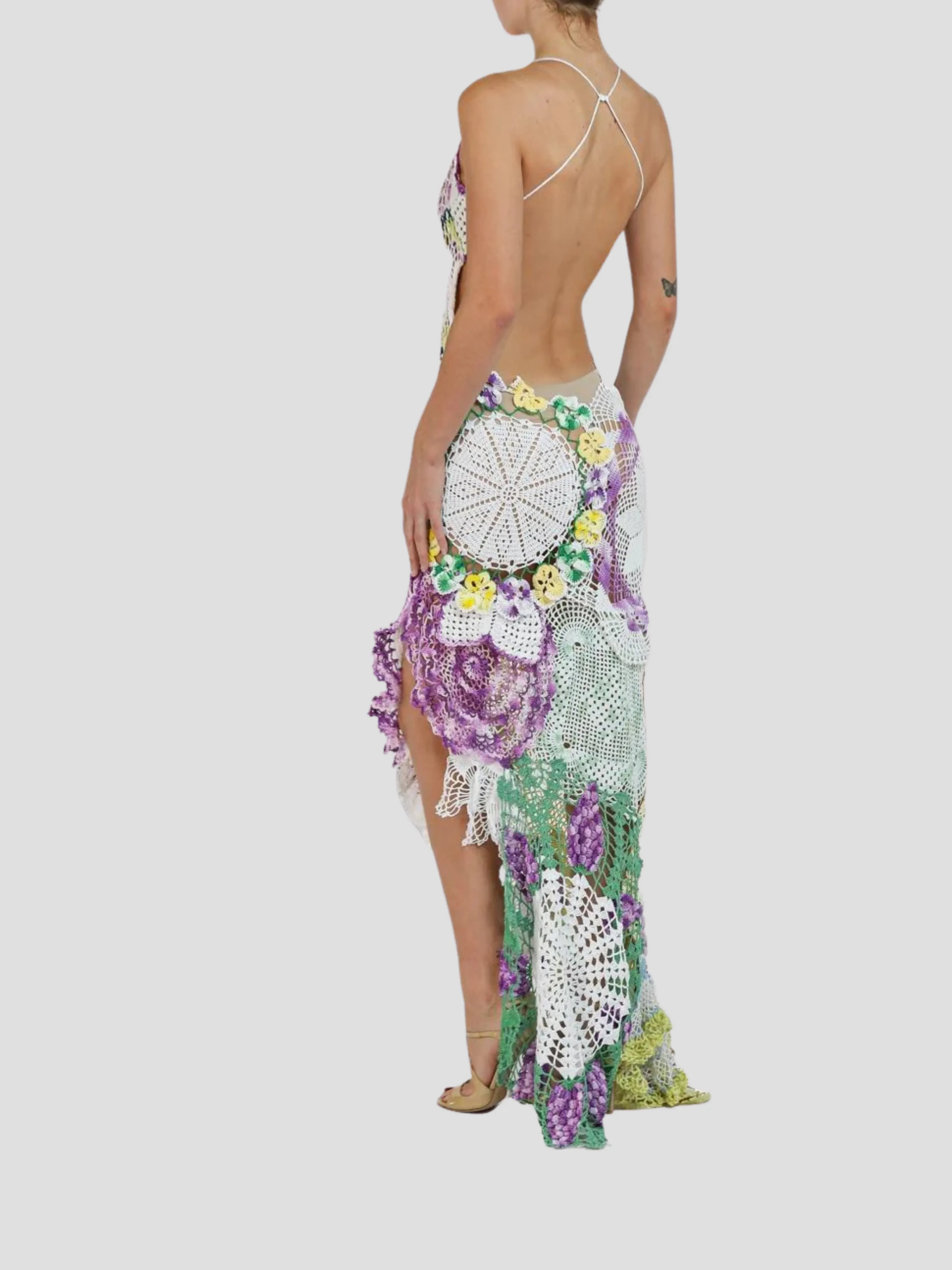 Purple & Yellow Cotton Crochet Lace Long Dress