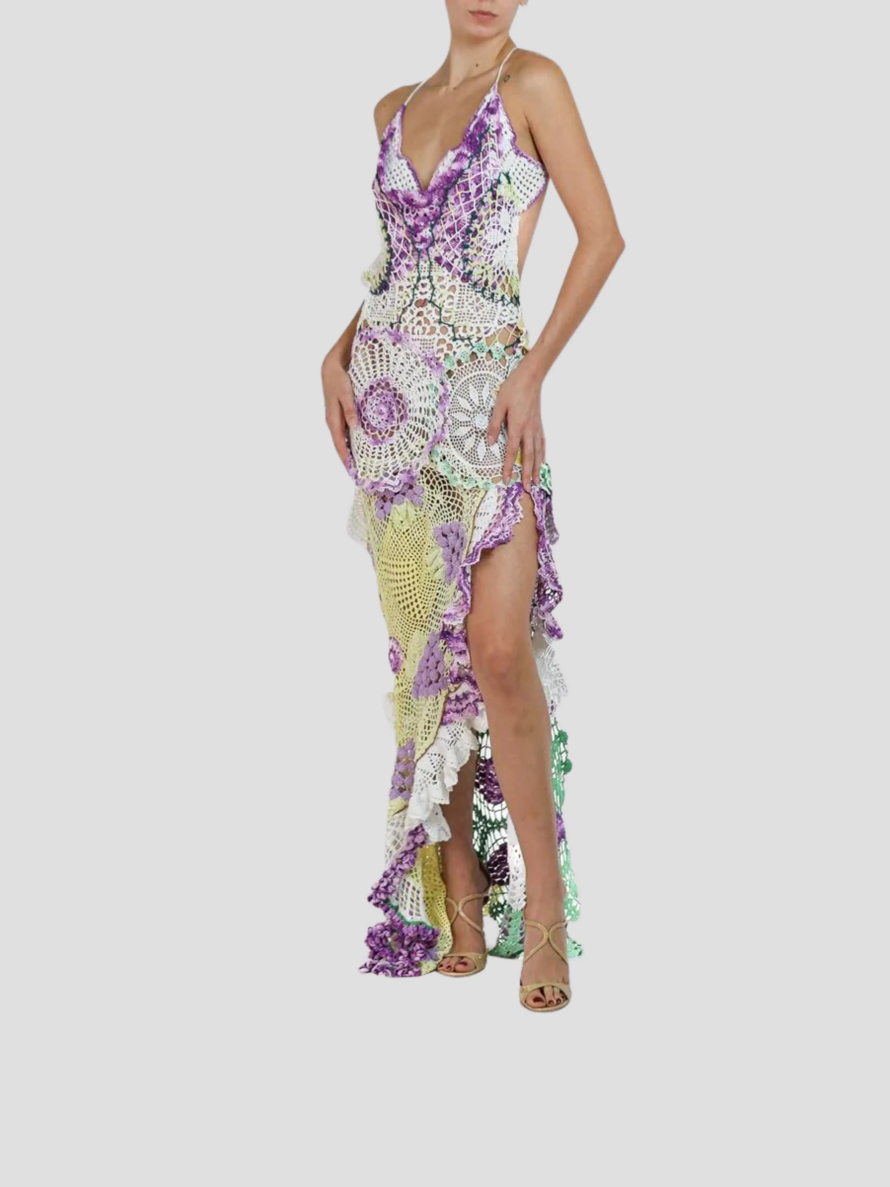 Purple & Yellow Cotton Crochet Lace Long Dress