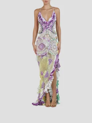 Purple & Yellow Cotton Crochet Lace Long Dress