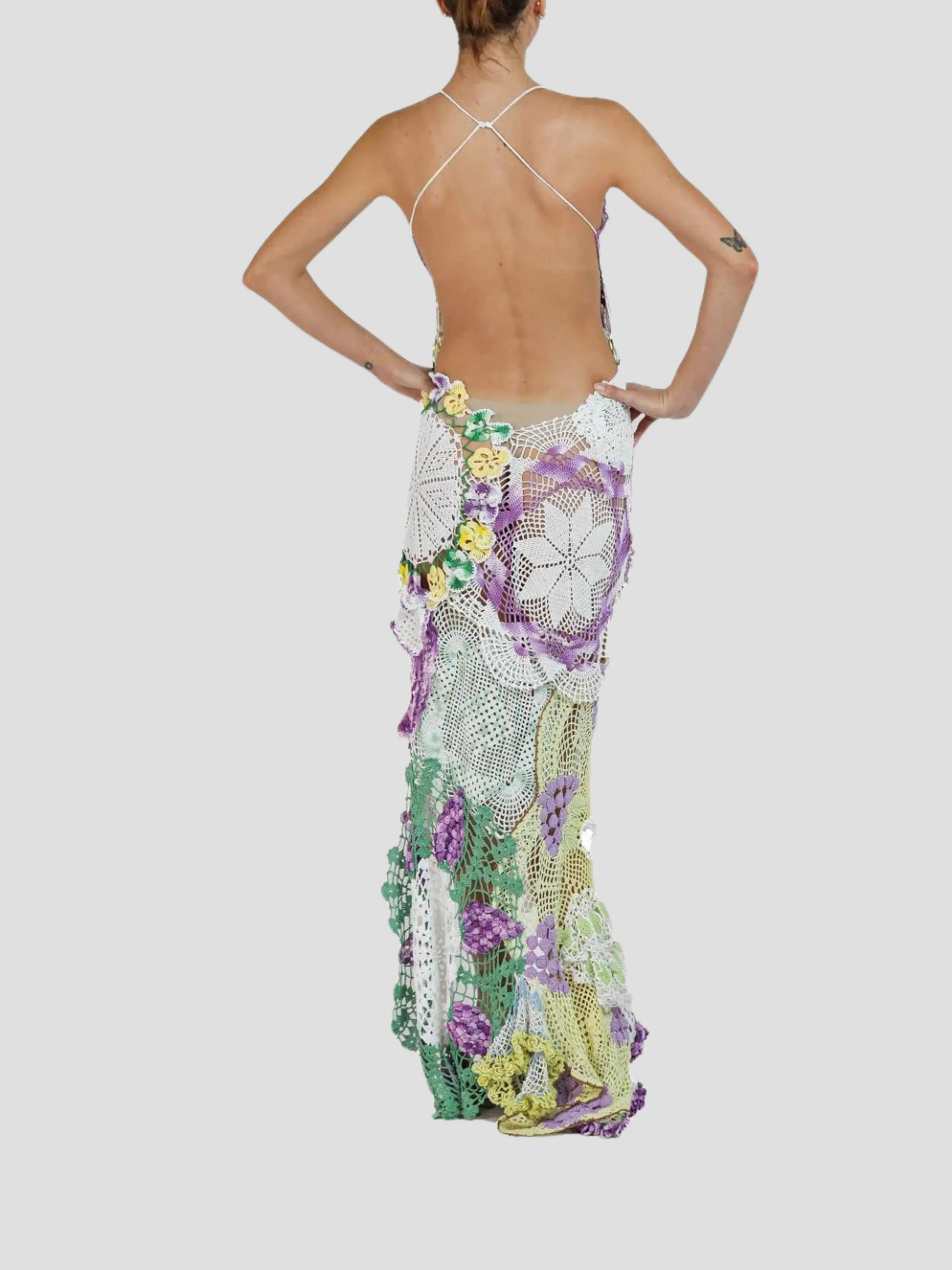 Purple & Yellow Cotton Crochet Lace Long Dress