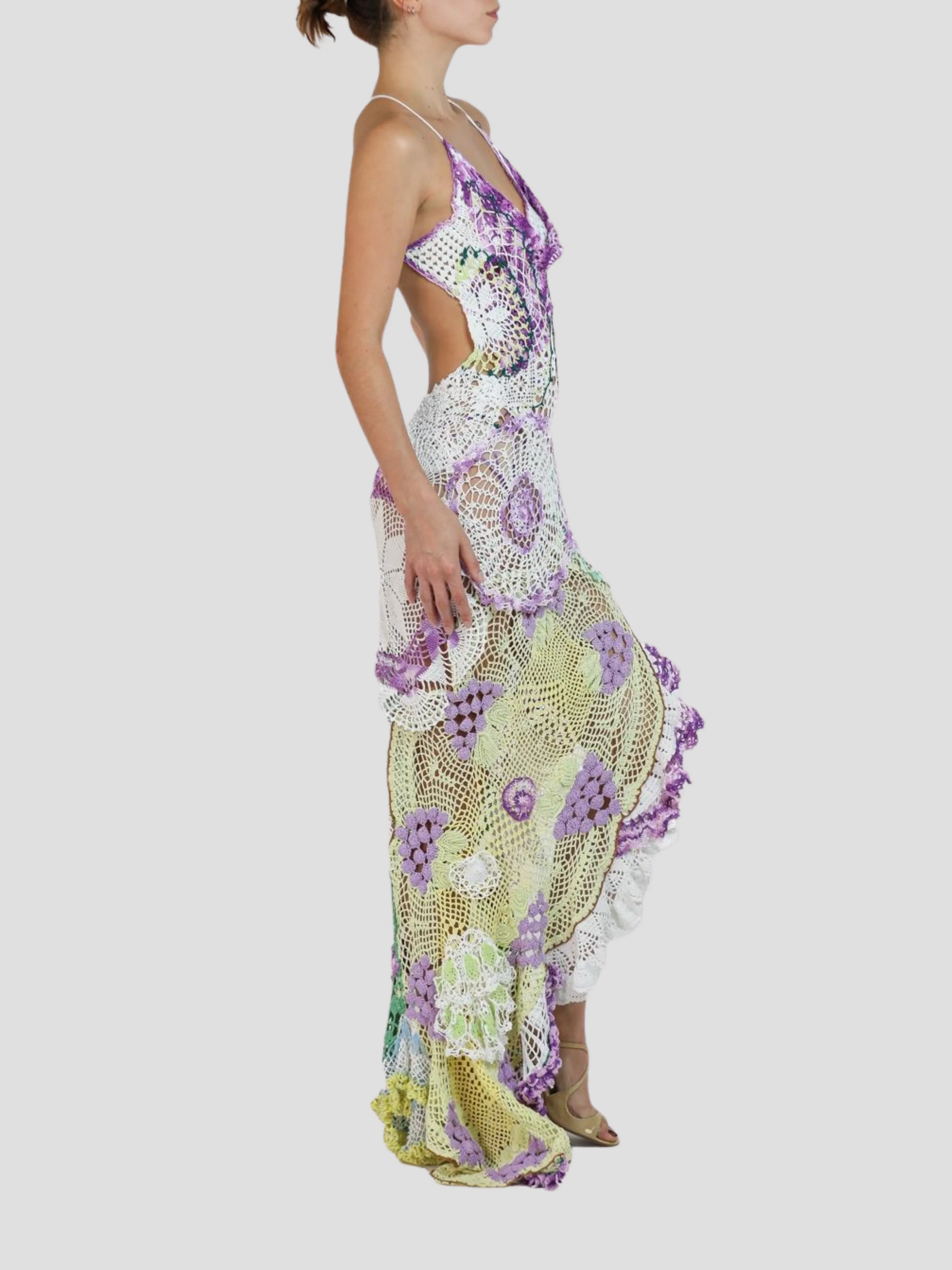 Purple & Yellow Cotton Crochet Lace Long Dress