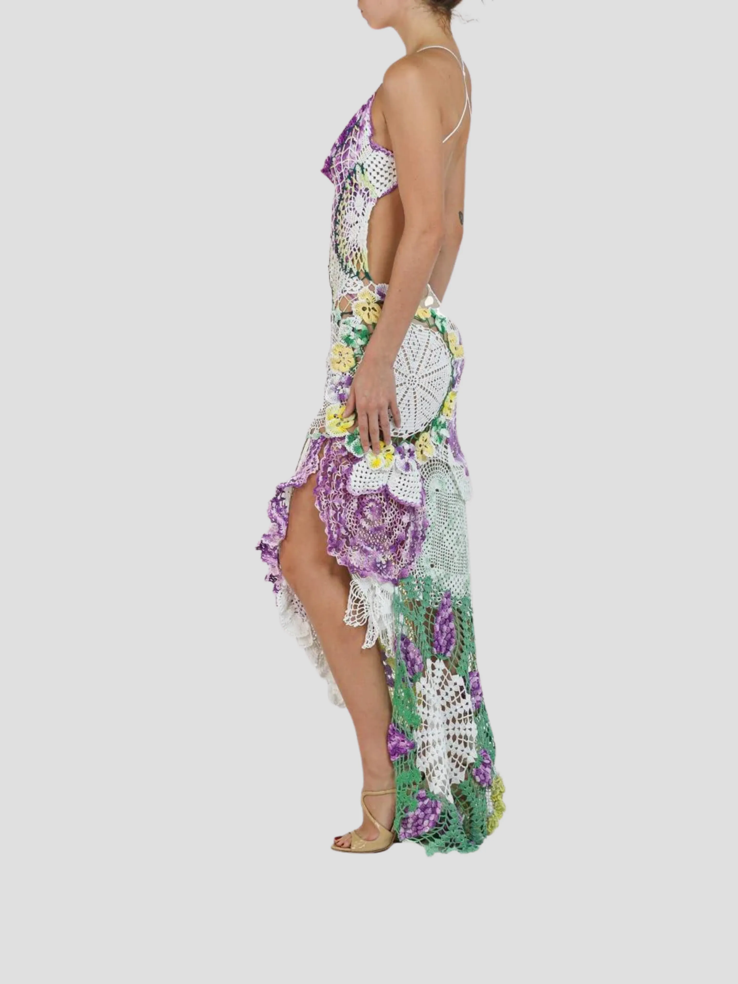 Purple & Yellow Cotton Crochet Lace Long Dress